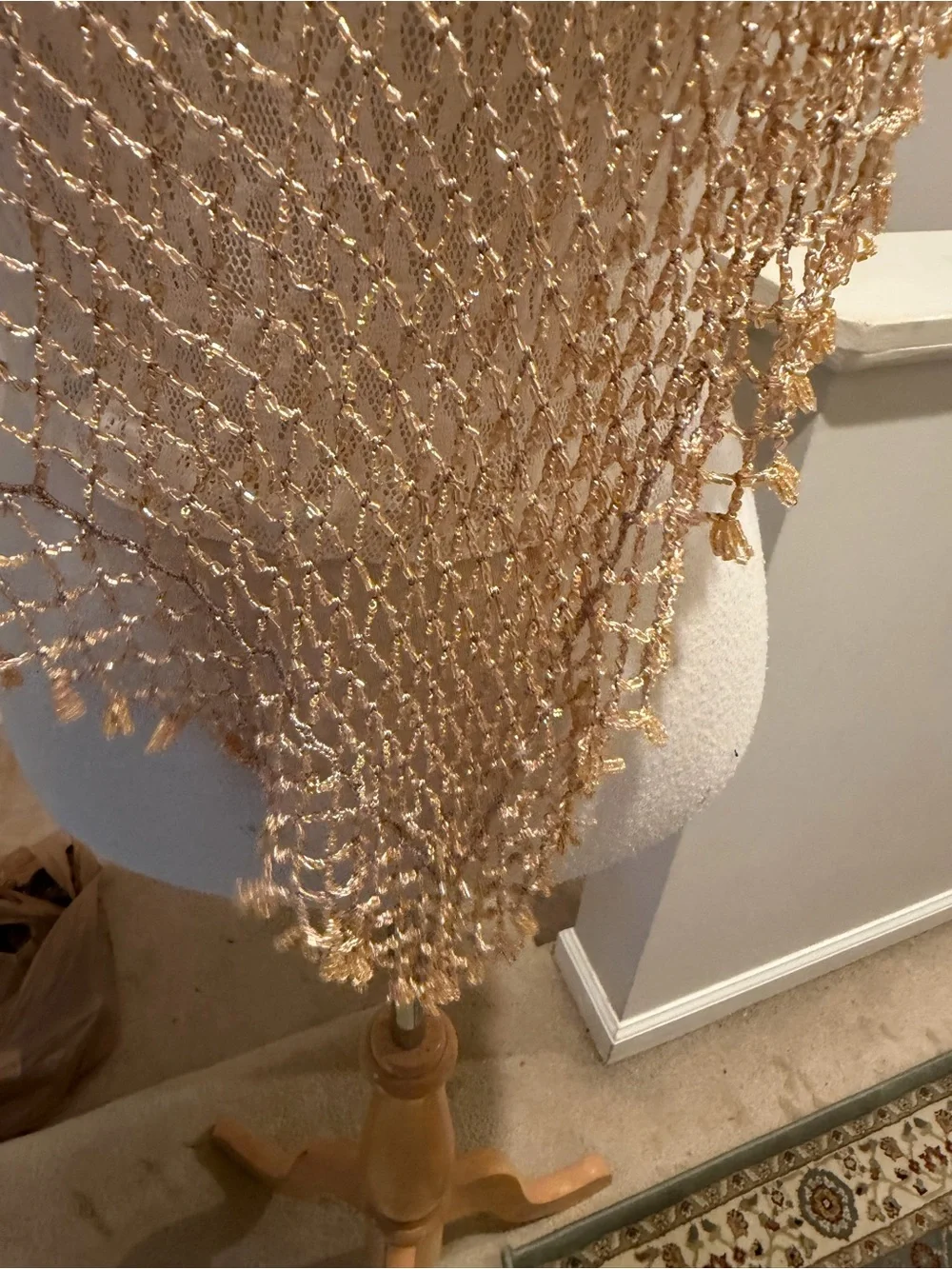 Tan  Mesh Beaded Crochet Fringe Poncho/Shawl/Scarf. Cover Up. Tassels.